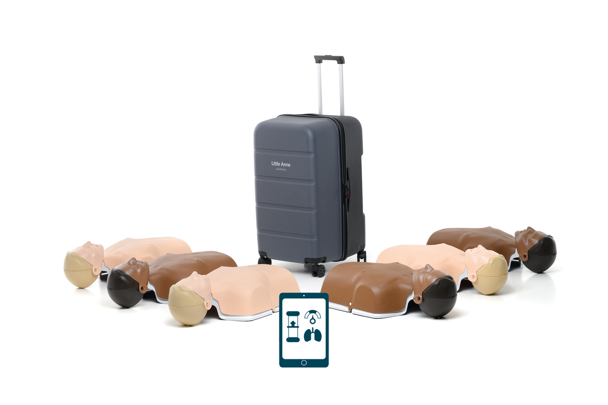 New Little Anne CPR torso manikins in light and dark skin tones with one gray carry case