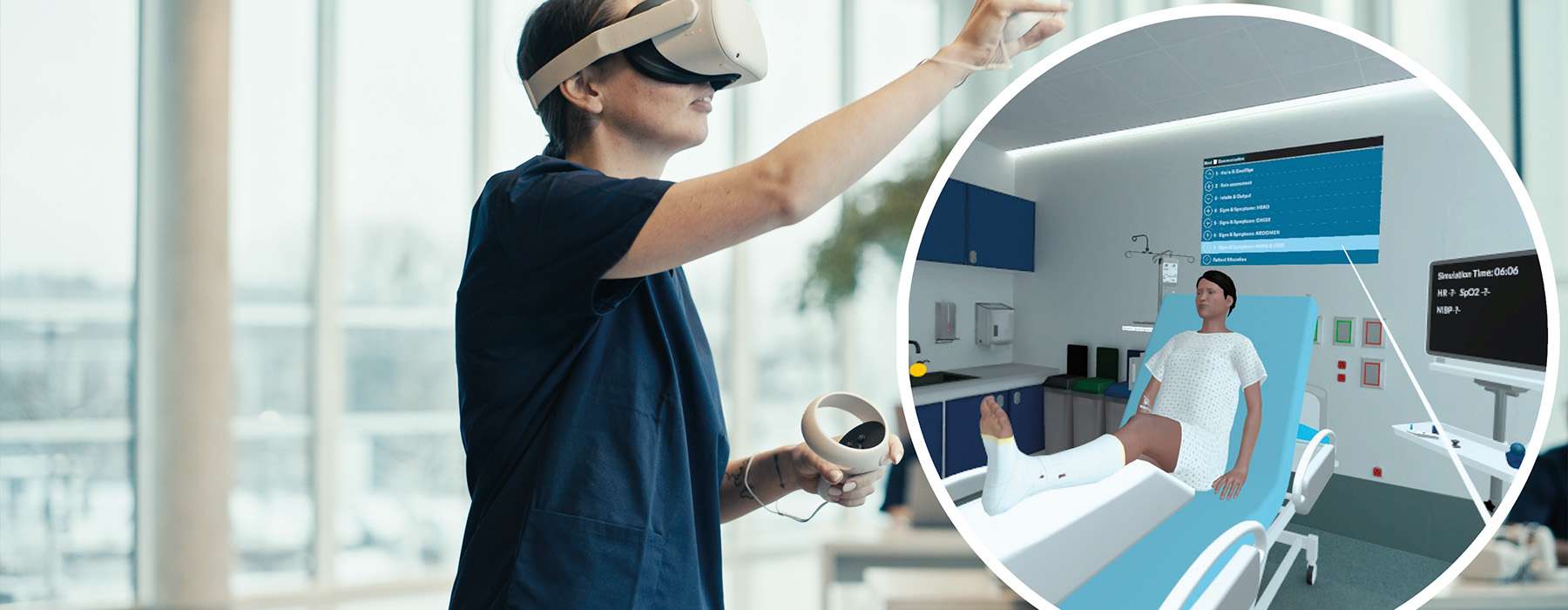 A healthcare student wearing a VR headset and using hand controllers to perform a clinical assessment in a virtual hospital room.