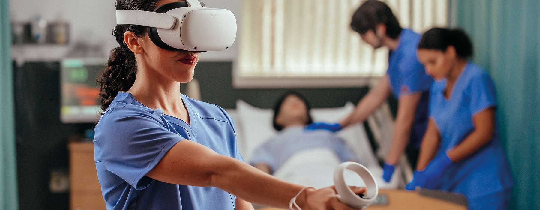 A healthcare professional using virtual reality to engage in an immersive patient care scenario in a simulated hospital ward.