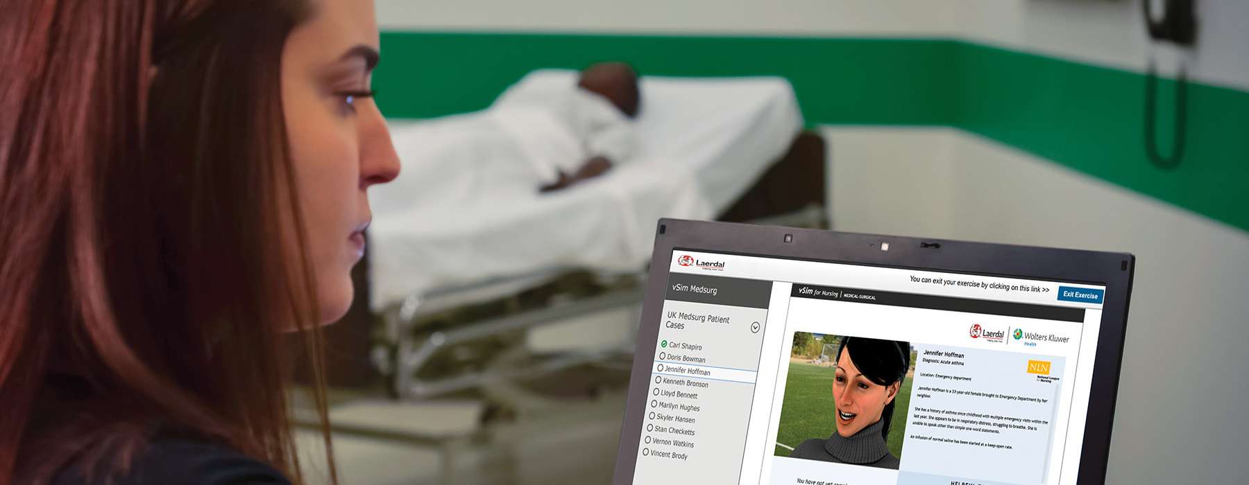 A student reviewing a vSim for Nursing digital case study on a laptop.