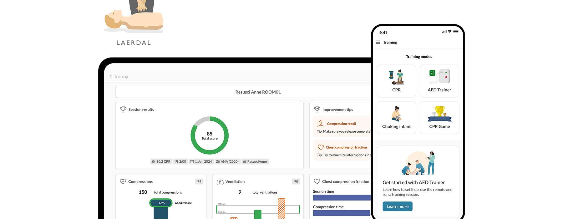 An image showing the QCPR app interface on a tablet and phone, displaying real-time CPR performance metrics.