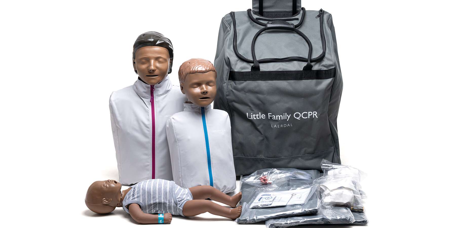 A product overview of the Little Family QCPR training set, including adult, child, and infant manikins with a carrying case and accessories.
