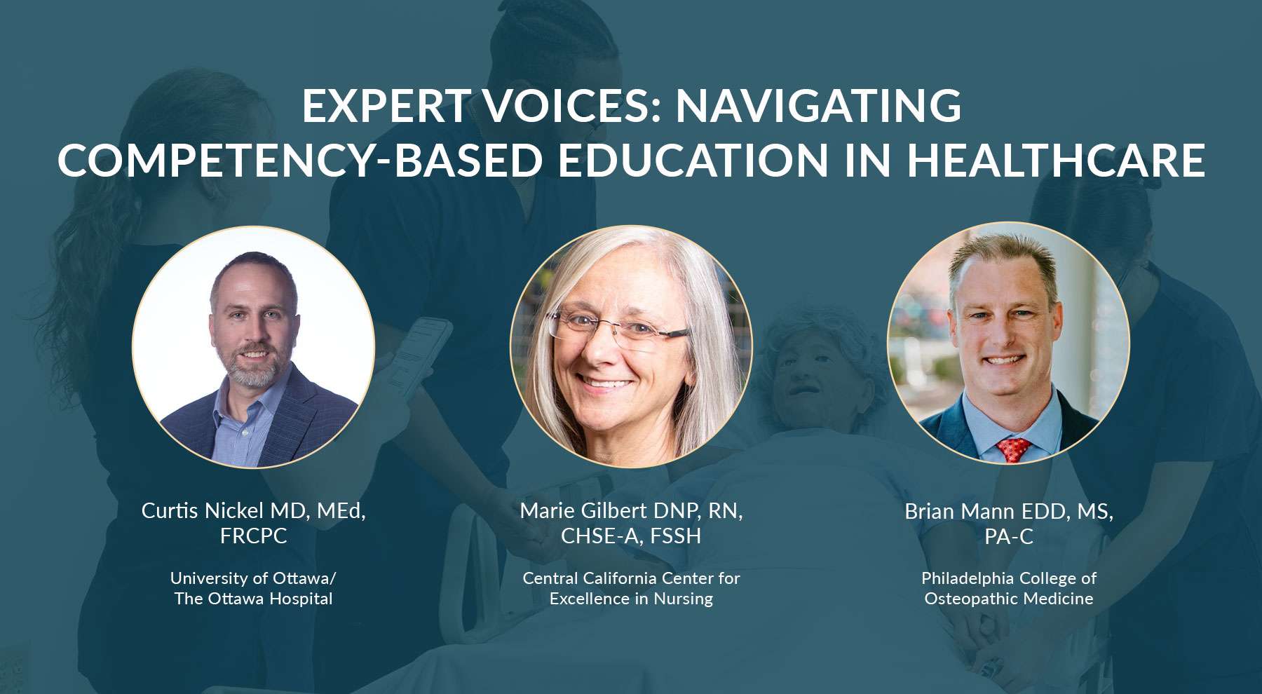 webinar banner with nurses and simulation in the background. Blue overlay, and three circles with pictures of the webinar speakers on the right side.