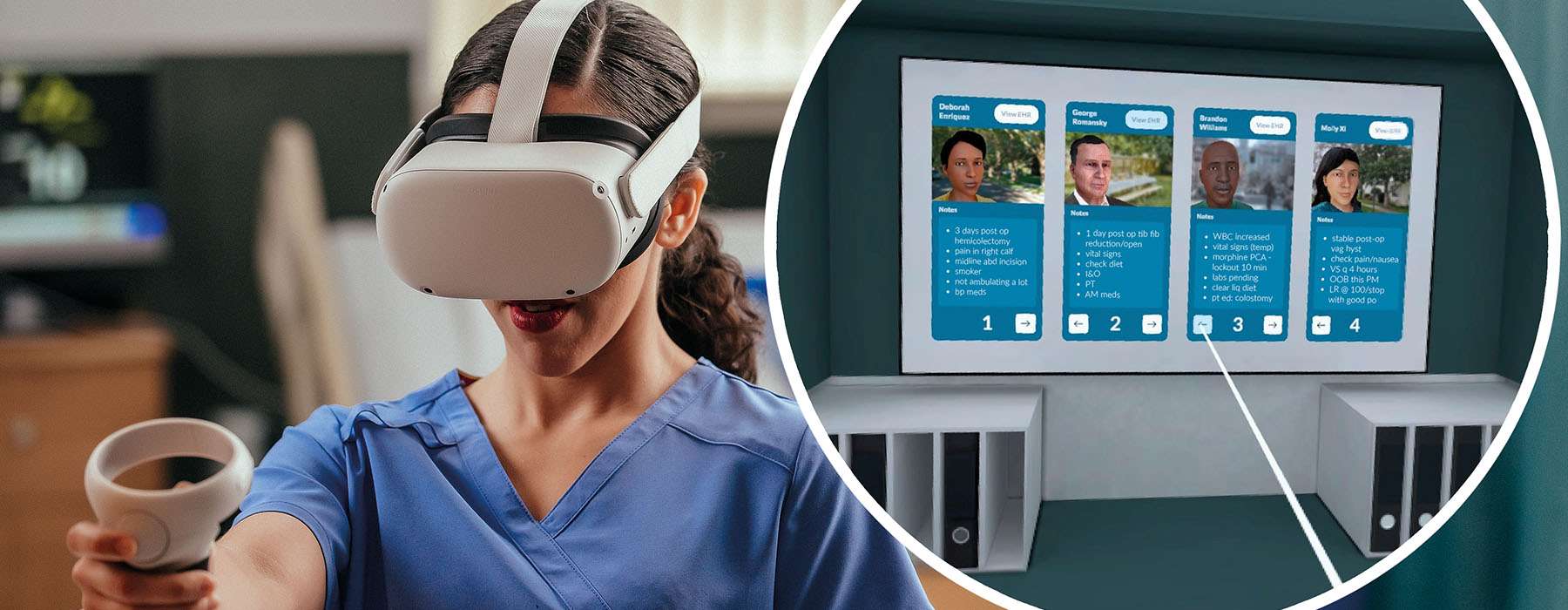 Woman wearing vrClinicals. On her left is a screenshot from VR.