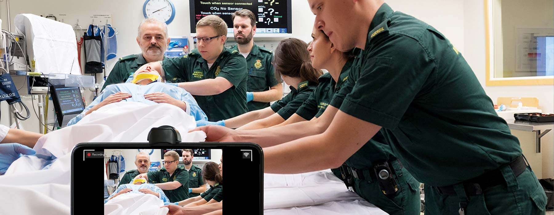 Group of medical professionals doing simulation training using SimCapture on mobile
