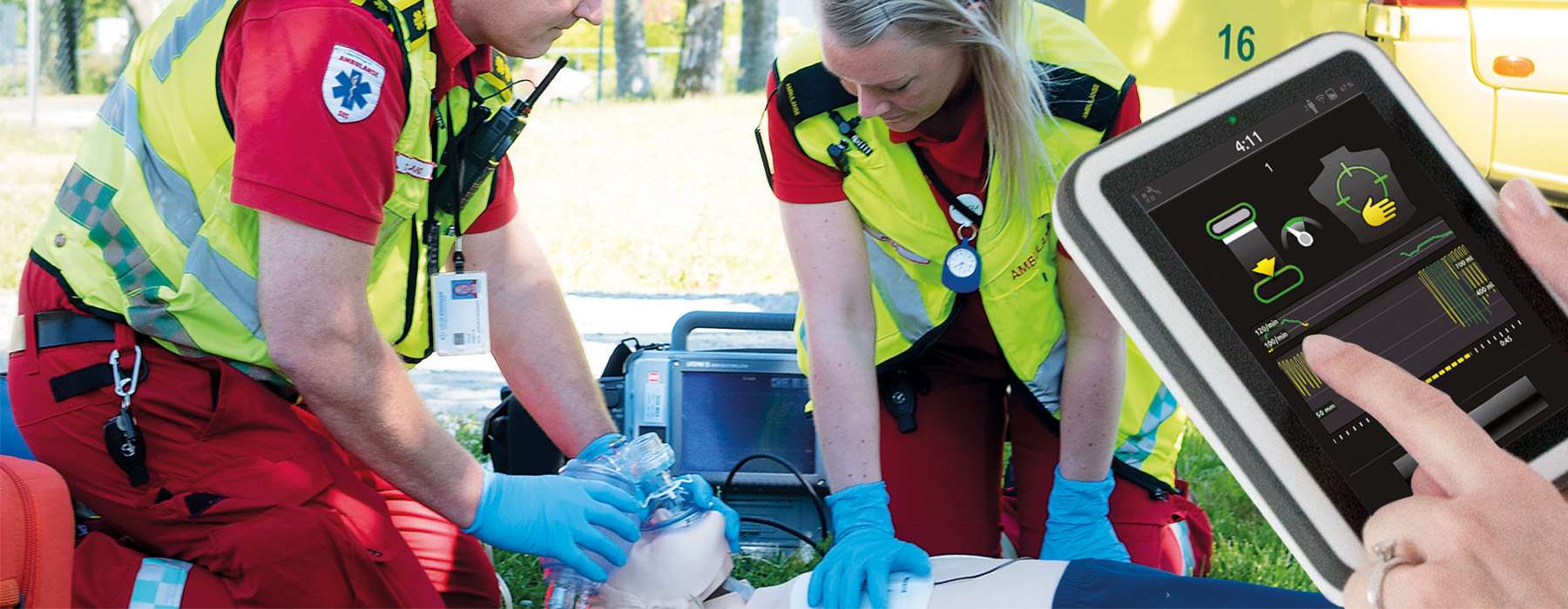 CPR training on child in outside environment