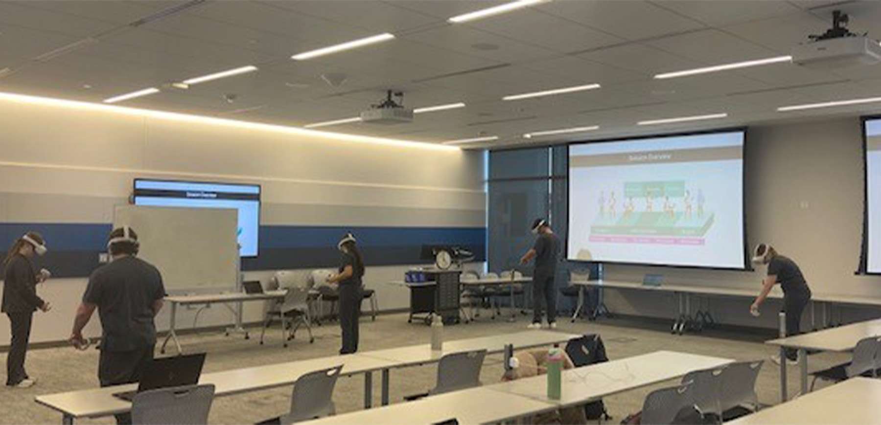 students using VR for training in classroom.