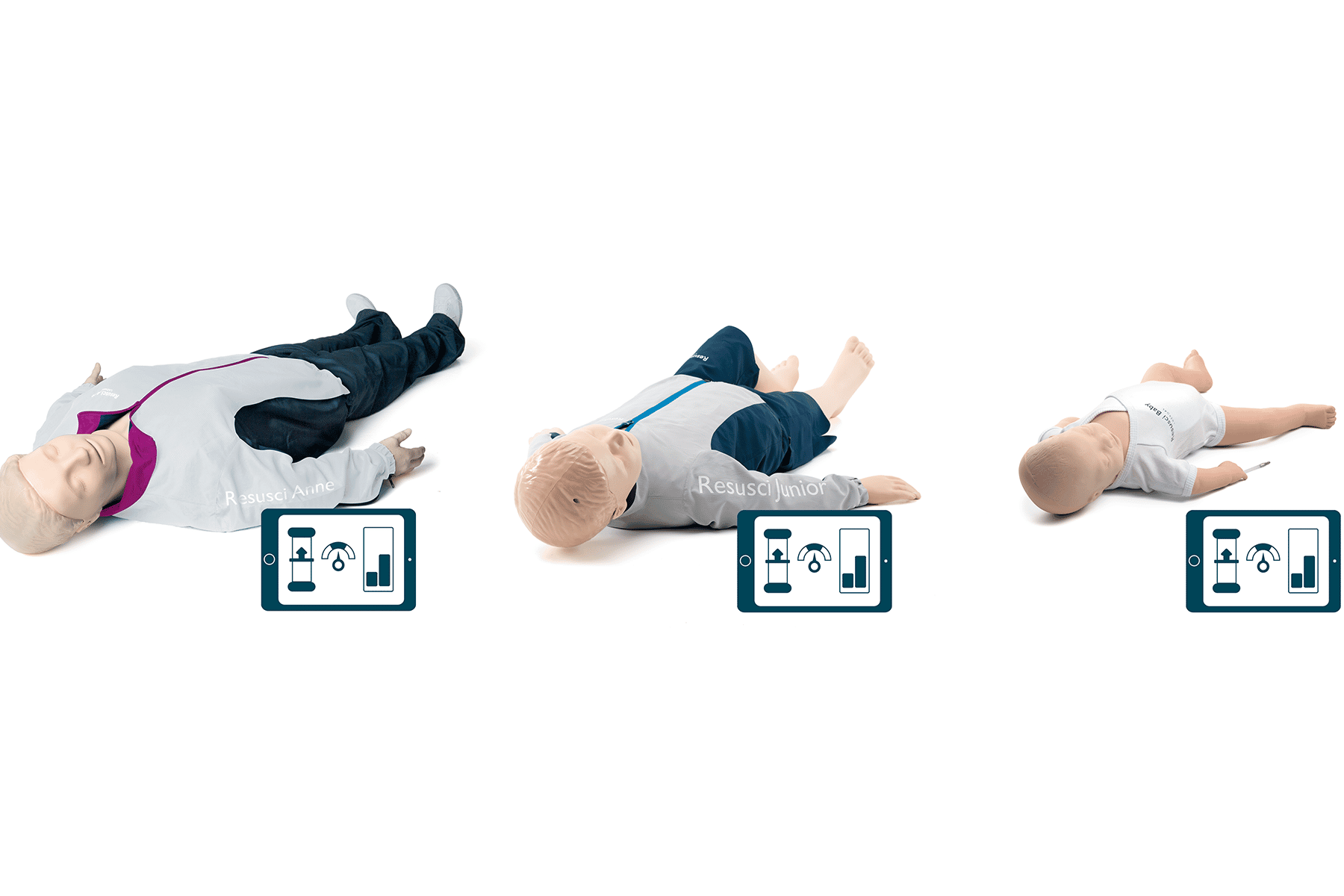 A side-by-side product view of three resuscitation training manikins representing adult, child (Junior), and baby (Infant) sizes, each with an tablet icon below.